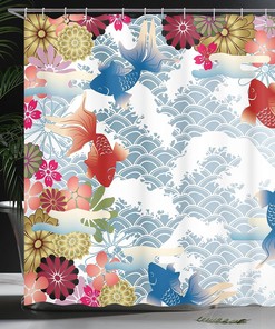 Japanese Koi Fish Shower Curtain, Soft Tone Floral Folk Design for Bathroom Decor