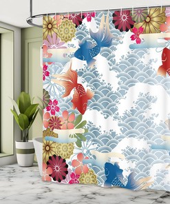 Japanese Koi Fish Shower Curtain, Soft Tone Floral Folk Design for Bathroom Decor