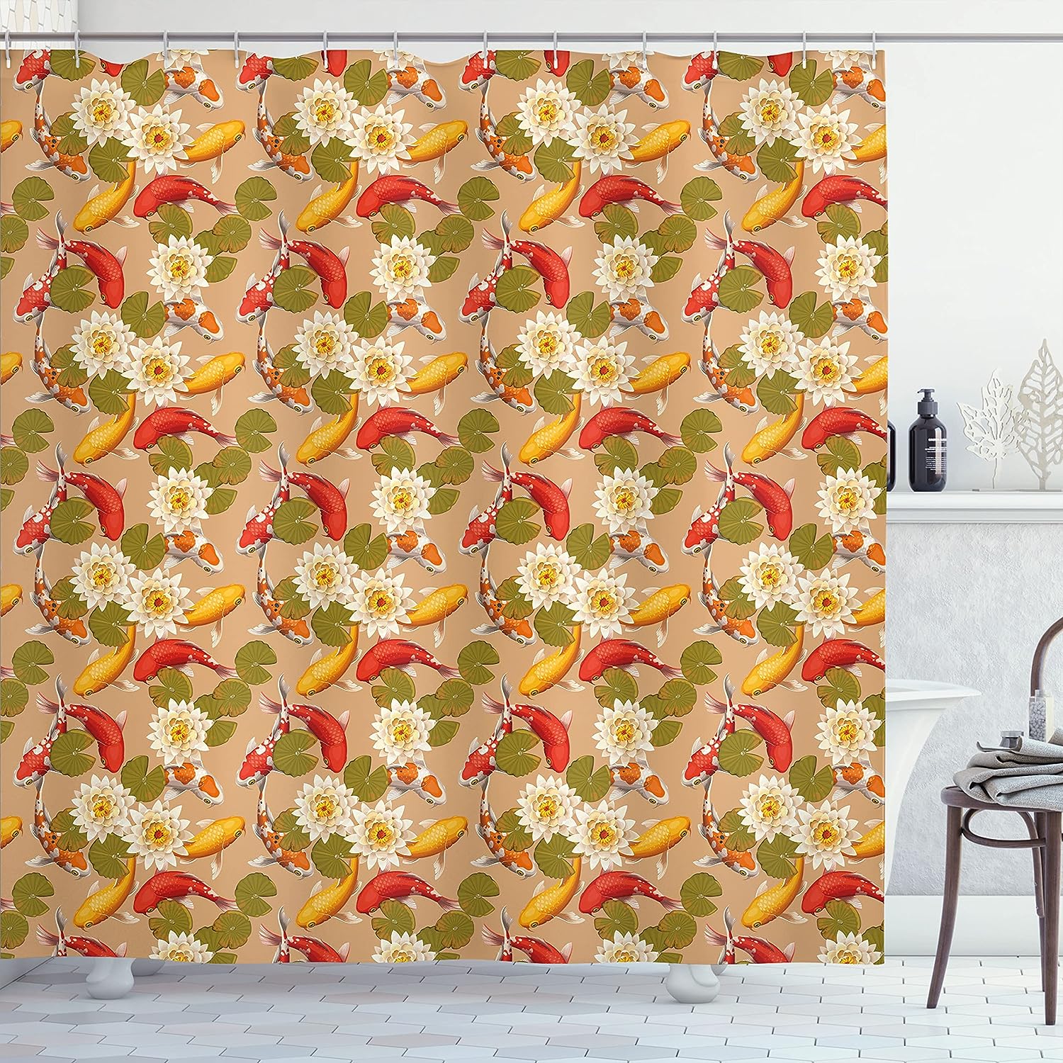 Japanese Koi Fish Shower Curtain, Swimming amid Lotus Flowers for Home Bathroom Decor