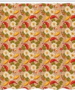 Japanese Koi Fish Shower Curtain, Swimming amid Lotus Flowers for Home Bathroom Decor
