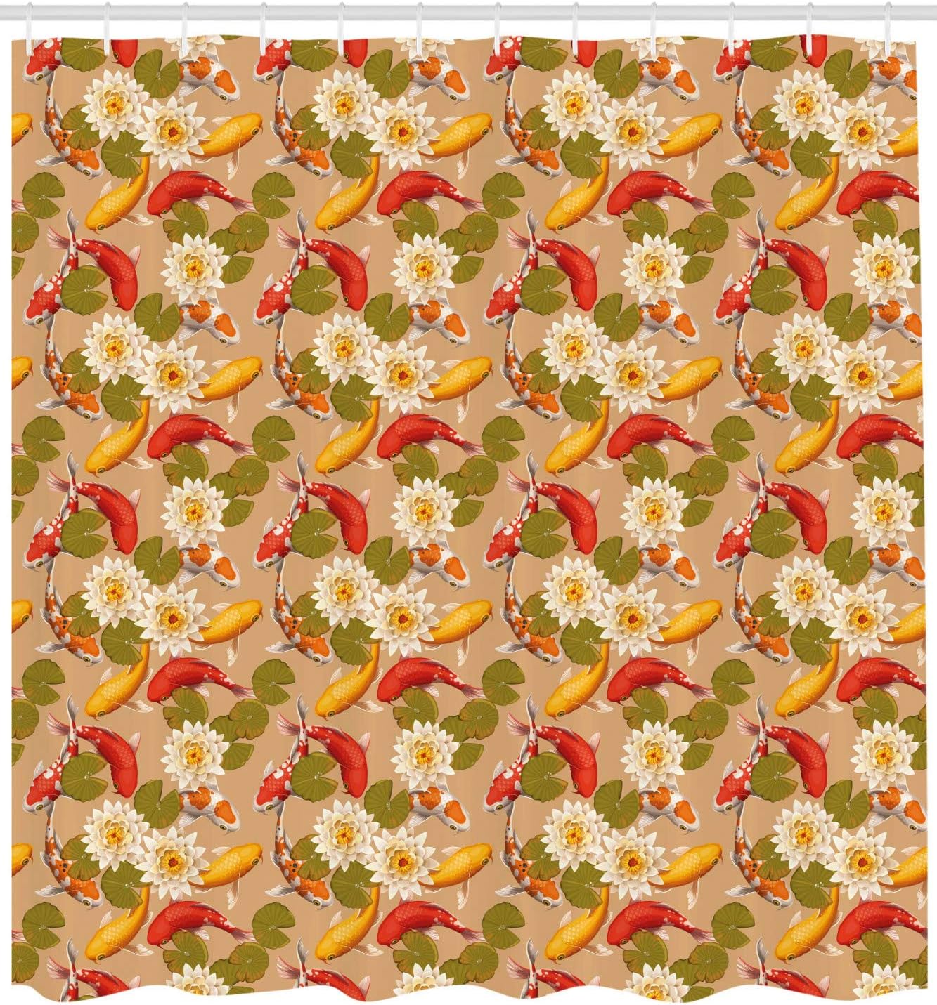 Japanese Koi Fish Shower Curtain, Swimming amid Lotus Flowers for Home Bathroom Decor