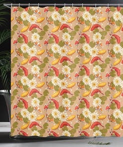 Japanese Koi Fish Shower Curtain, Swimming amid Lotus Flowers for Home Bathroom Decor