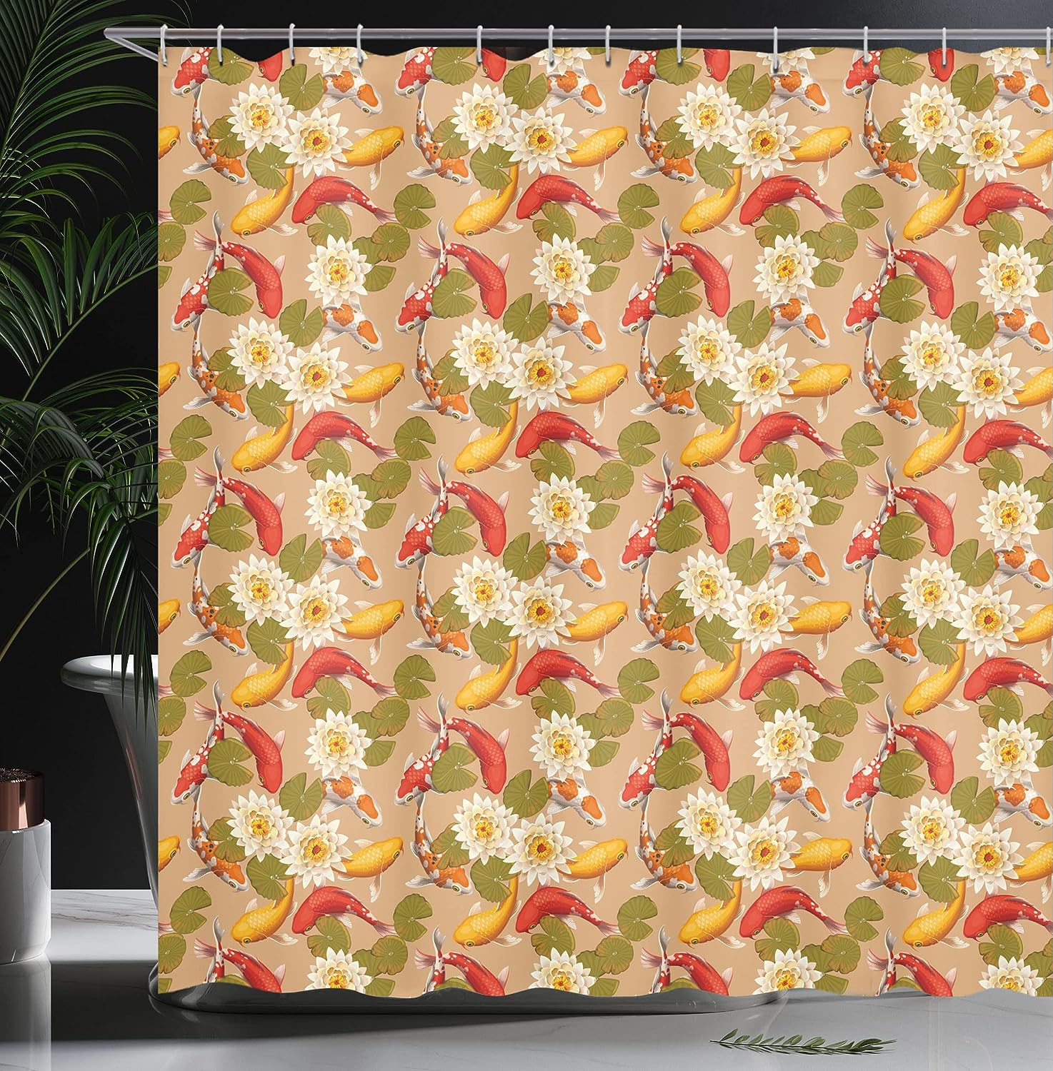 Japanese Koi Fish Shower Curtain, Swimming amid Lotus Flowers for Home Bathroom Decor