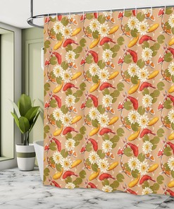 Japanese Koi Fish Shower Curtain, Swimming amid Lotus Flowers for Home Bathroom Decor