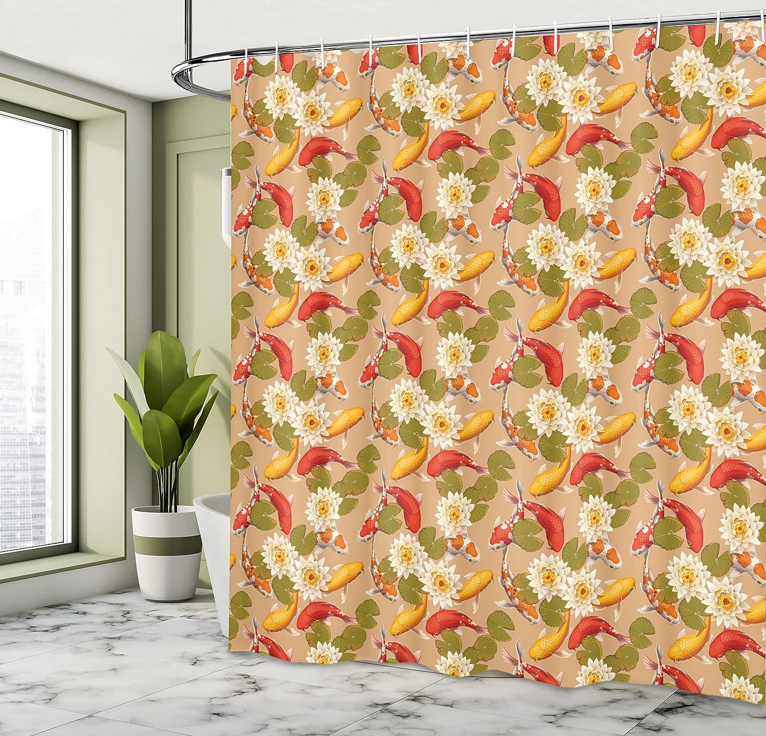 Japanese Koi Fish Shower Curtain, Swimming amid Lotus Flowers for Home Bathroom Decor