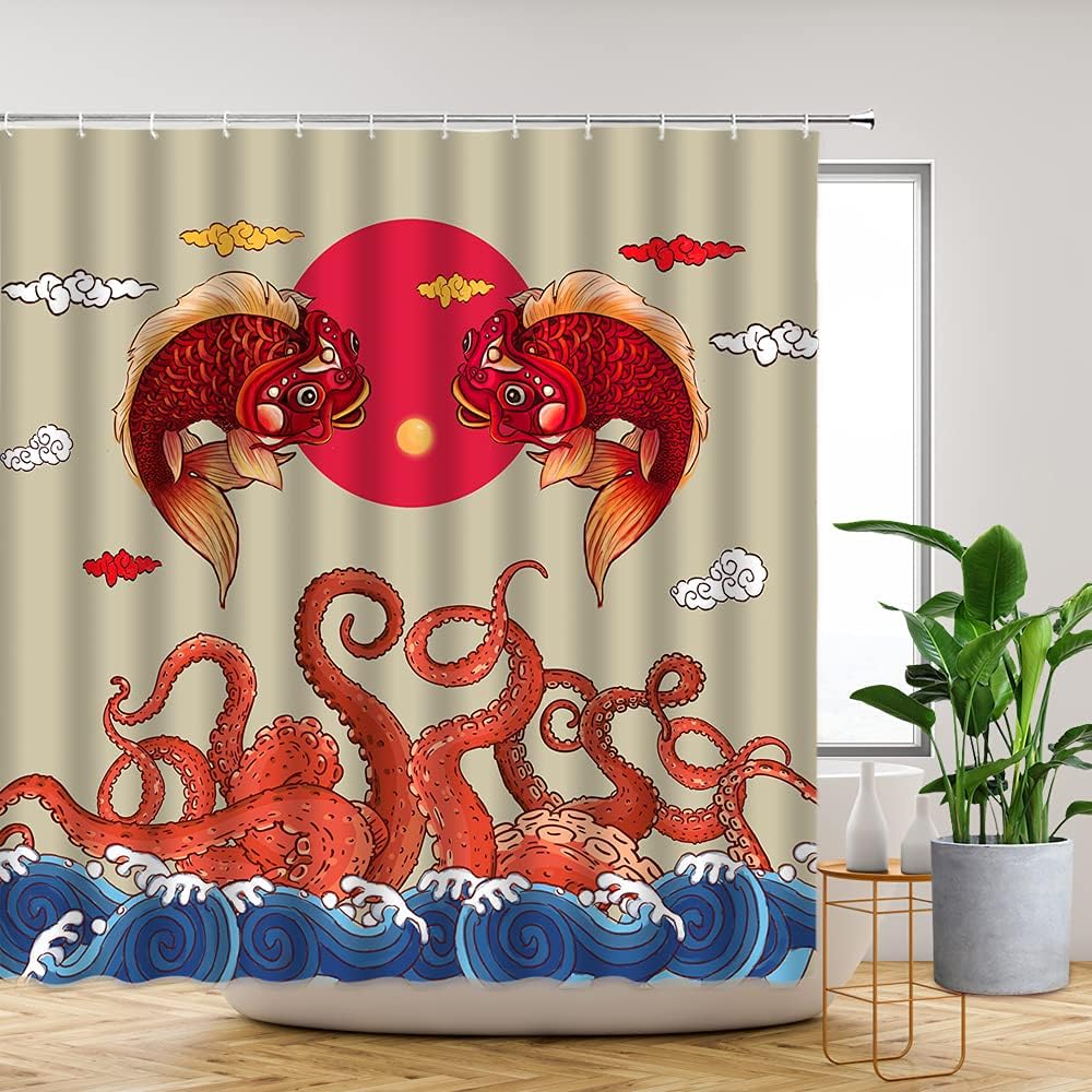 Japanese Shower Curtain Octopus Tentacles Great Wave Vintage Red Sun Koi Fish Katsushika Hokusai - Bathroom Decor