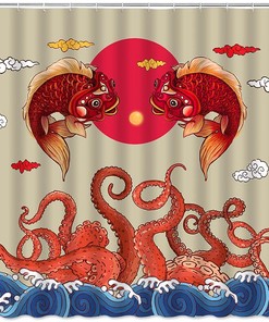 Japanese Shower Curtain Octopus Tentacles Great Wave Vintage Red Sun Koi Fish Katsushika Hokusai - Bathroom Decor