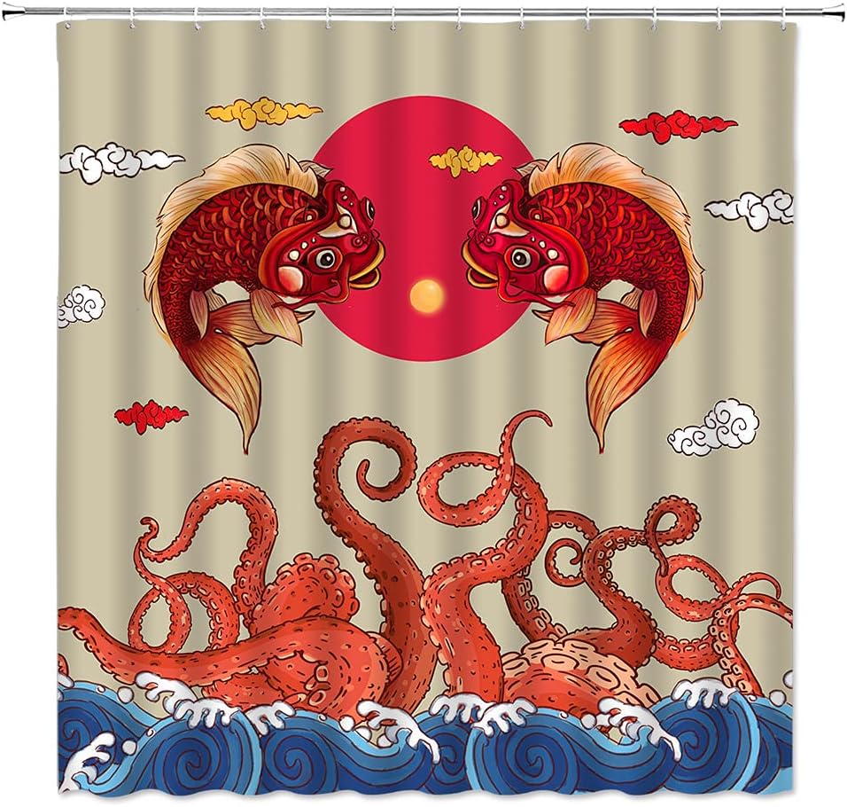 Japanese Shower Curtain Octopus Tentacles Great Wave Vintage Red Sun Koi Fish Katsushika Hokusai - Bathroom Decor