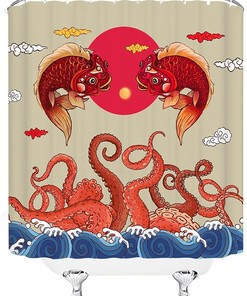Japanese Shower Curtain Octopus Tentacles Great Wave Vintage Red Sun Koi Fish Katsushika Hokusai - Bathroom Decor