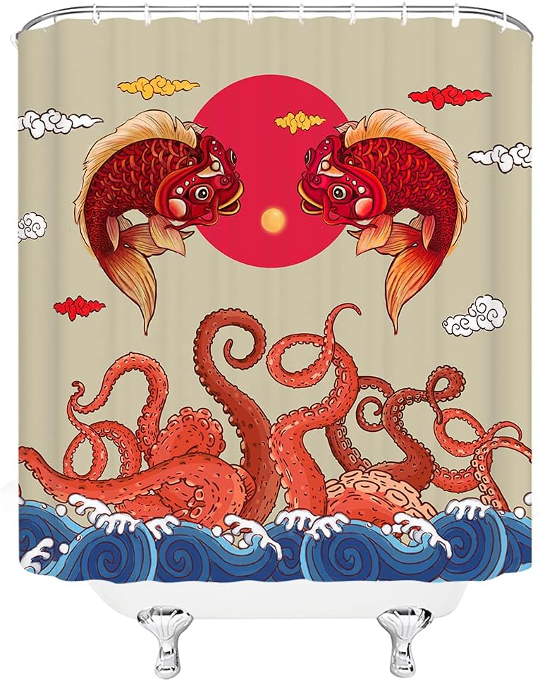 Japanese Shower Curtain Octopus Tentacles Great Wave Vintage Red Sun Koi Fish Katsushika Hokusai - Bathroom Decor