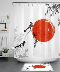 Japanese Shower Curtain with Bamboo Leaf and Red Sun Design for Oriental Bathroom Decor