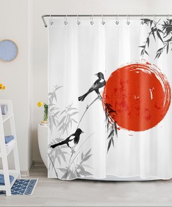 Japanese Shower Curtain with Bamboo Leaf and Red Sun Design for Oriental Bathroom Decor