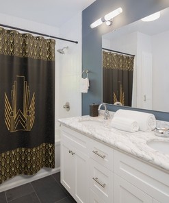 Japanese Style Geometrical Shower Curtain - Art Deco Black and Yellow Bathroom Decor