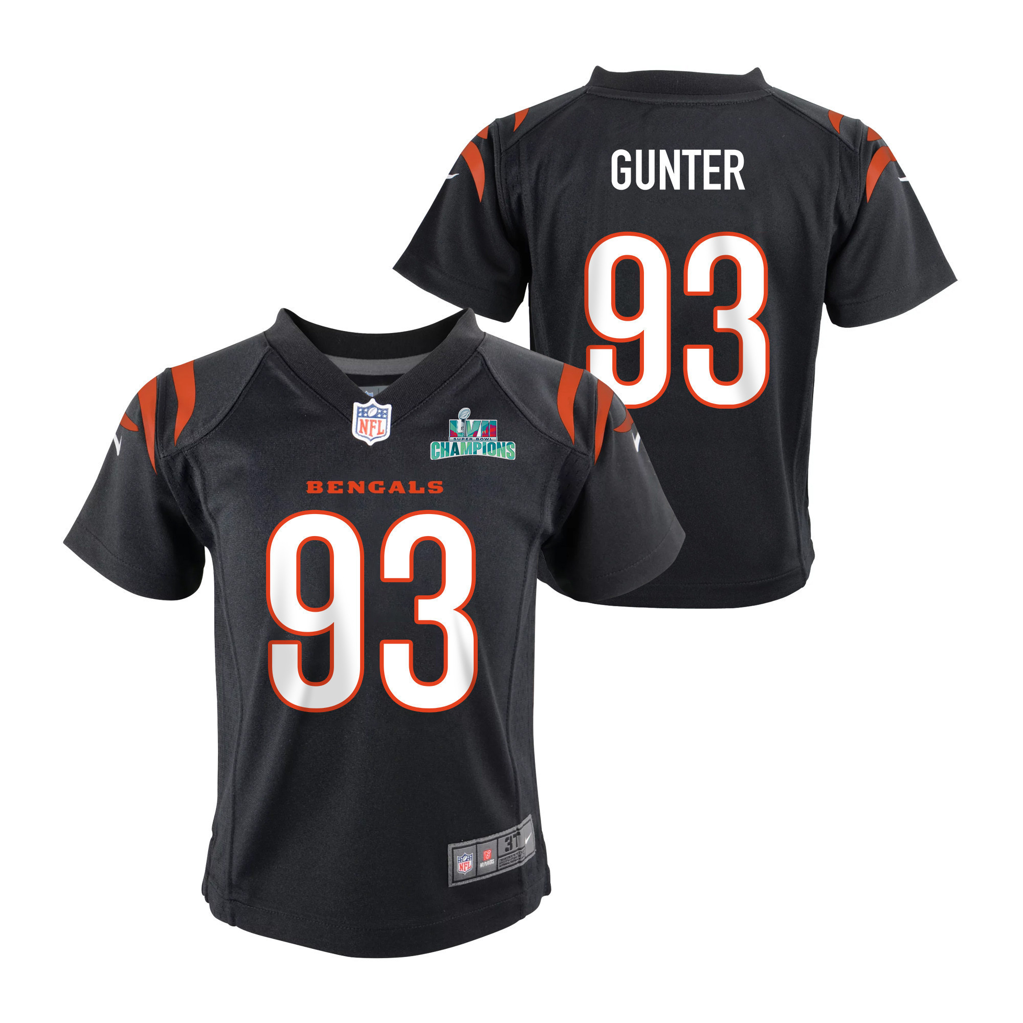 Jeff Gunter 93 Cincinnati Bengals Super Bowl LVII Champions Youth Game Jersey - Black