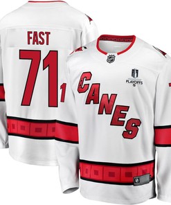 Jesper Fast 71 Carolina Hurricanes Stanley Cup 2023 Playoffs Patch Away Breakaway Men Jersey - White