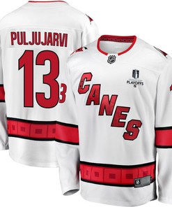 Jesse Puljujarvi 13 Carolina Hurricanes Stanley Cup 2023 Playoffs Patch Away Breakaway Men Jersey - White