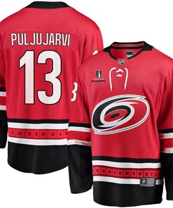 Jesse Puljujarvi 13 Carolina Hurricanes Stanley Cup 2023 Playoffs Patch Home Breakaway Men Jersey - Red