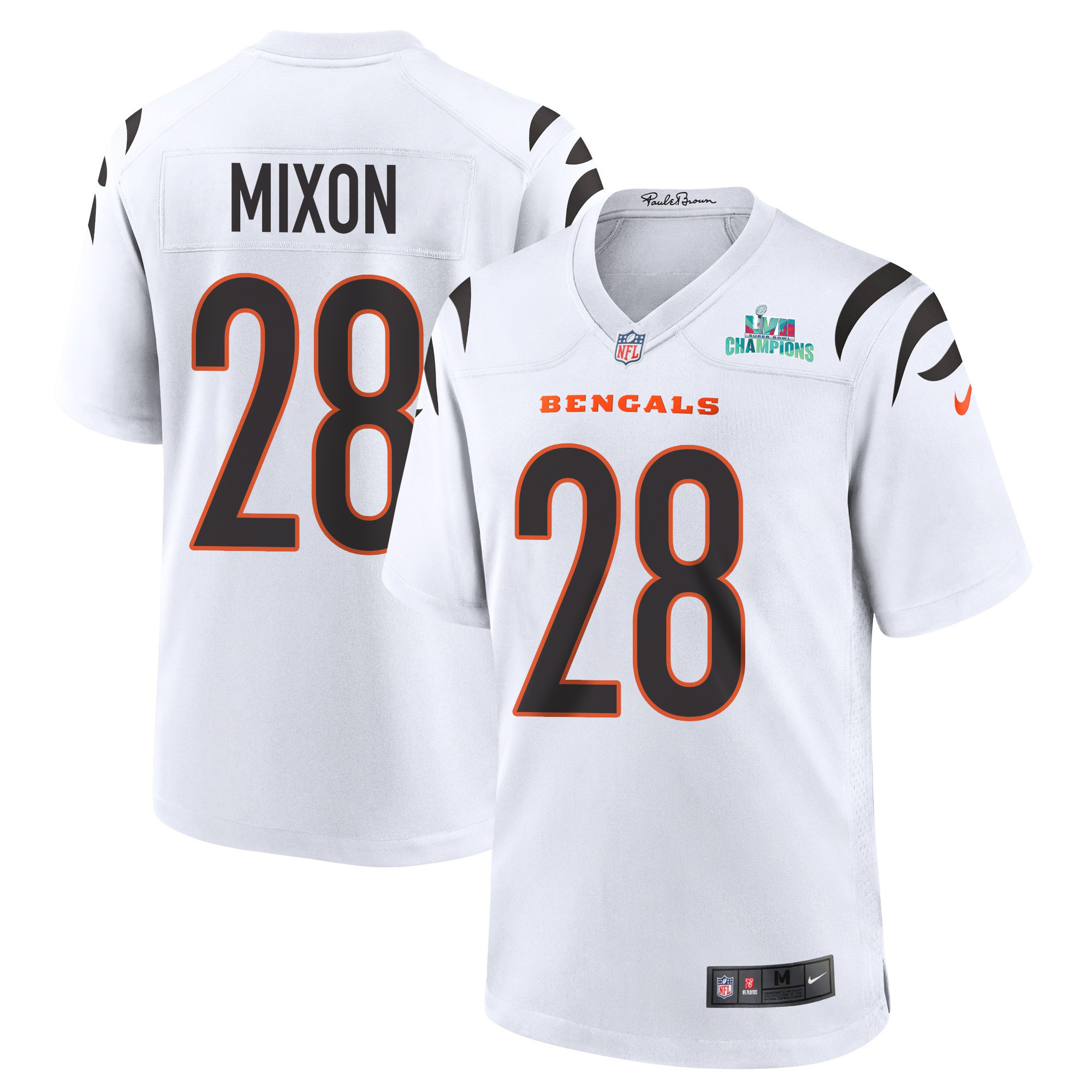 Joe Mixon 28 Cincinnati Bengals Super Bowl LVII Champions Men Game Jersey - White
