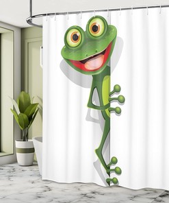 Jolly Frog Shower Curtain, Lizard Gecko Cartoon Artwork in Fern Green Bathroom Decor