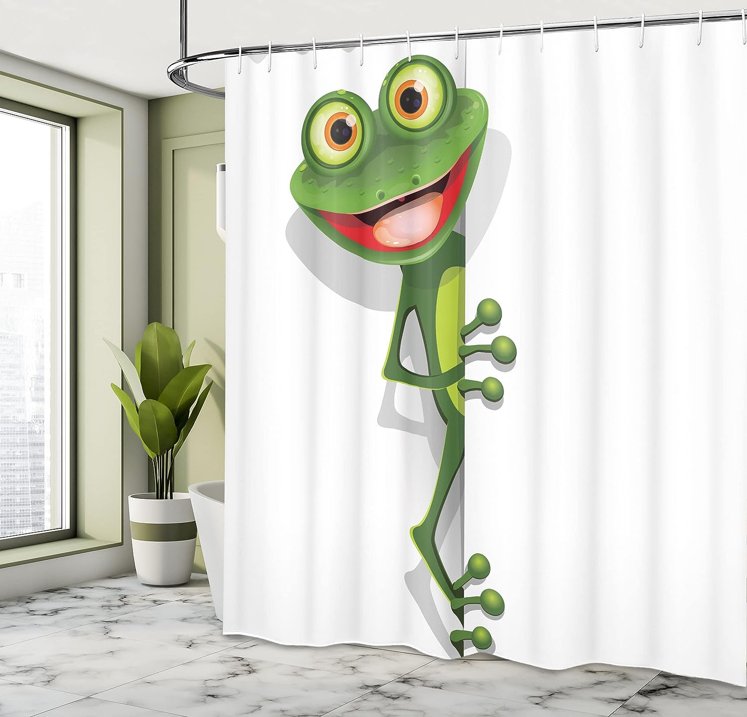 Jolly Frog Shower Curtain, Lizard Gecko Cartoon Artwork in Fern Green Bathroom Decor