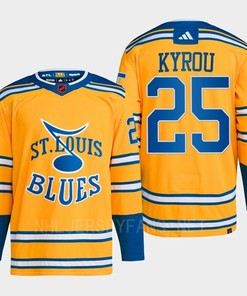 Jordan Kyrou 25 Reverse Retro 2.0 2022 St. Louis Blues Yellow Jersey Primegreen