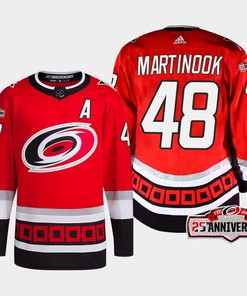 Jordan Martinook 48 Carolina Hurricanes Red Jersey 2022-23 Third 25th Anniversary