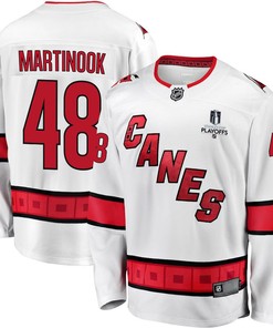 Jordan Martinook 48 Carolina Hurricanes Stanley Cup 2023 Playoffs Patch Away Breakaway Men Jersey - White