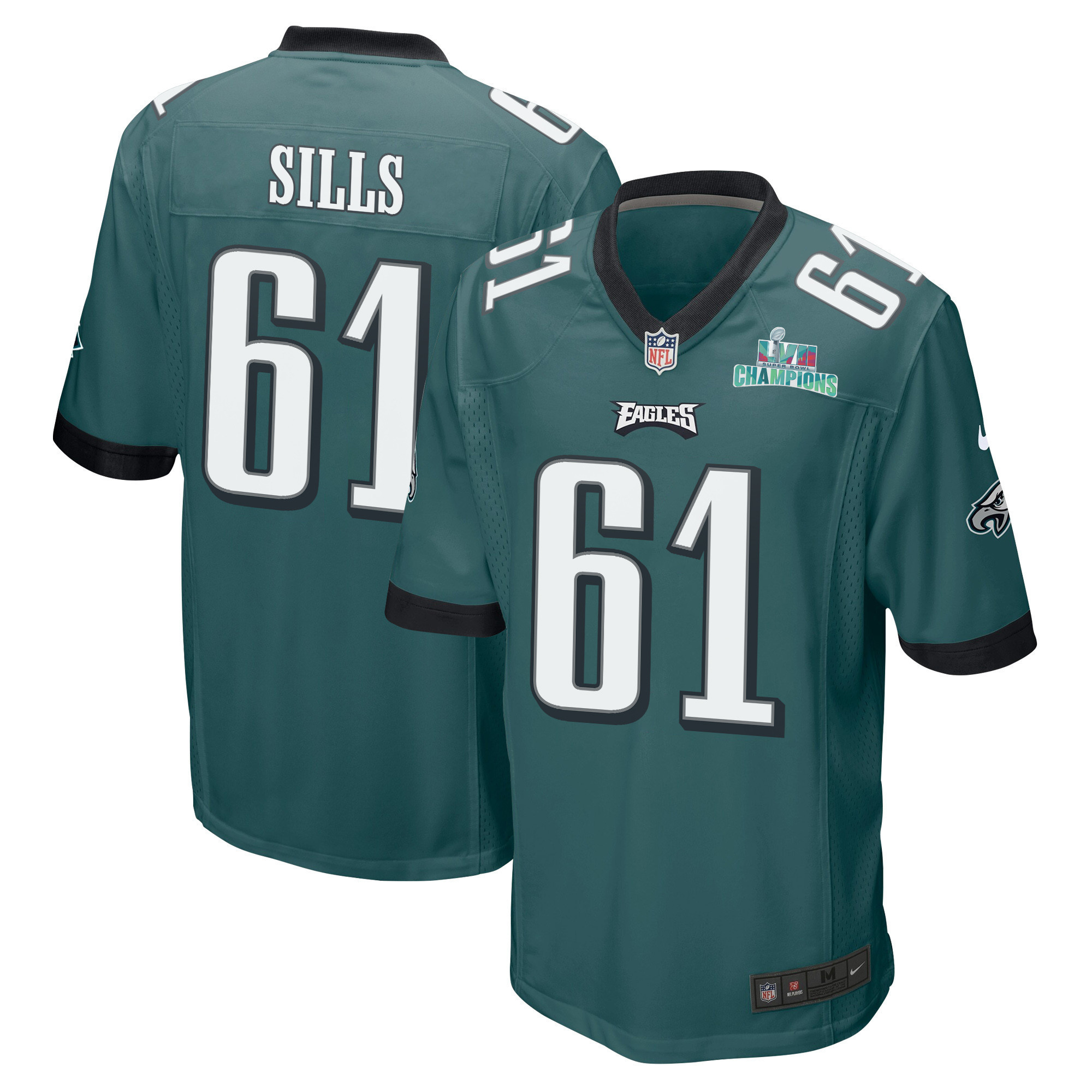 Josh Sills 61 Philadelphia Eagles Super Bowl LVII Champions Men Game Jersey - Midnight Green