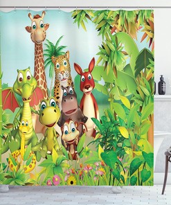 Jungle Animals Cartoon Shower Curtain, Giraffe Tiger Snake Dinosaur Hippo Monkey Print in Green Bathroom Decor