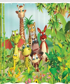 Jungle Animals Cartoon Shower Curtain, Giraffe Tiger Snake Dinosaur Hippo Monkey Print in Green Bathroom Decor