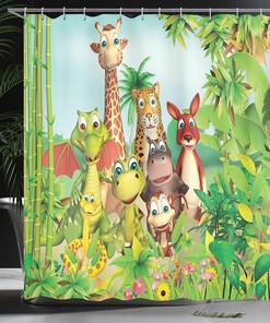 Jungle Animals Cartoon Shower Curtain, Giraffe Tiger Snake Dinosaur Hippo Monkey Print in Green Bathroom Decor