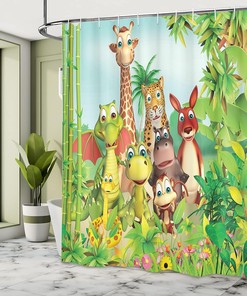 Jungle Animals Cartoon Shower Curtain, Giraffe Tiger Snake Dinosaur Hippo Monkey Print in Green Bathroom Decor