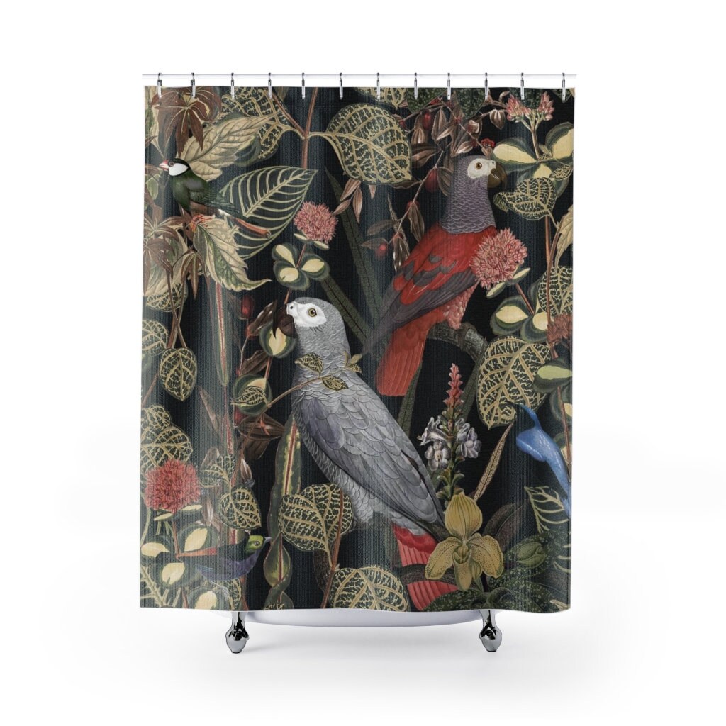 Jungle Bird Shower Curtain with Plant Prints - Black and Tropical Bathroom Decor - Bluefink