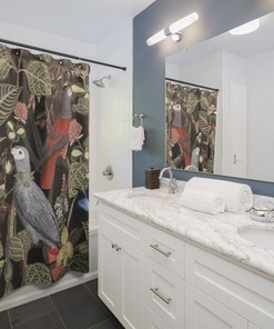 Jungle Bird Shower Curtain with Plant Prints - Black and Tropical Bathroom Decor