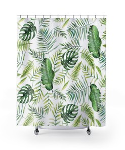 Jungle Floral Shower Curtain, Tropical Botanical Design for Boho Bathroom Decor