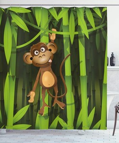 Jungle Monkey Shower Curtain, Wildlife Illustration Print Bathroom Decor, Home Decor Brown/Green