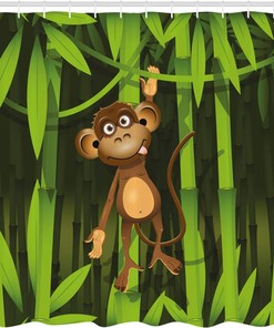 Jungle Monkey Shower Curtain, Wildlife Illustration Print Bathroom Decor, Home Decor Brown/Green