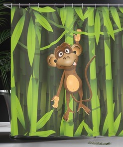 Jungle Monkey Shower Curtain, Wildlife Illustration Print Bathroom Decor, Home Decor Brown/Green