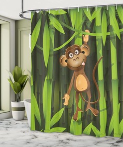 Jungle Monkey Shower Curtain, Wildlife Illustration Print Bathroom Decor, Home Decor Brown/Green