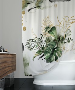 Jungle Monstera Leaves Boho Shower Curtain - Abstract Beige Green Floral Design 