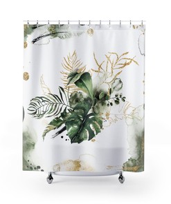 Jungle Monstera Leaves Boho Shower Curtain - Abstract Beige Green Floral Design