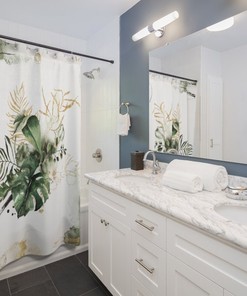Jungle Monstera Leaves Boho Shower Curtain - Abstract Beige Green Floral Design 