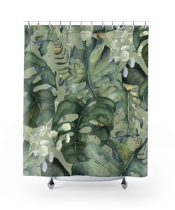 Jungle Monstera Leaves Boho Shower Curtain - Forest Green Gold Watercolor Design 