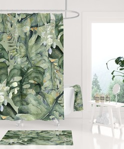 Jungle Monstera Leaves Boho Shower Curtain - Forest Green Gold Watercolor Design