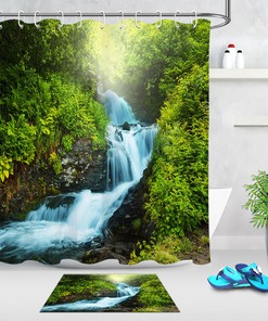 Jungle Stream Waterfall Shower Curtain Fabric Green Landscape