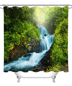 Jungle Stream Waterfall Shower Curtain Fabric Green Landscape
