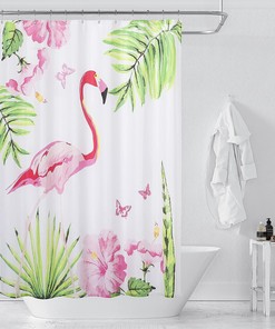 Jungle Theme Shower Curtain with Flamingo and Tropical Floral Digital Print for Your Bathroom