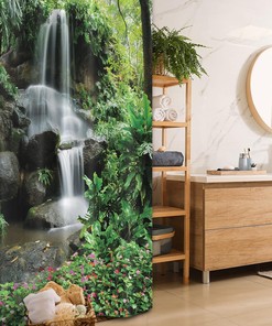 Jungle Waterfall Stall Shower Curtain, Fabric Bathroom Decor in Brown White, Bathroom Decor