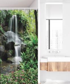 Jungle Waterfall Stall Shower Curtain, Fabric Bathroom Decor in Brown White, Bathroom Decor