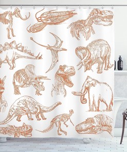 Jurassic Dinosaur Shower Curtain, Illustrations Skeleton Biology Cloth Fabric Bathroom Decor, Home Decor Orange